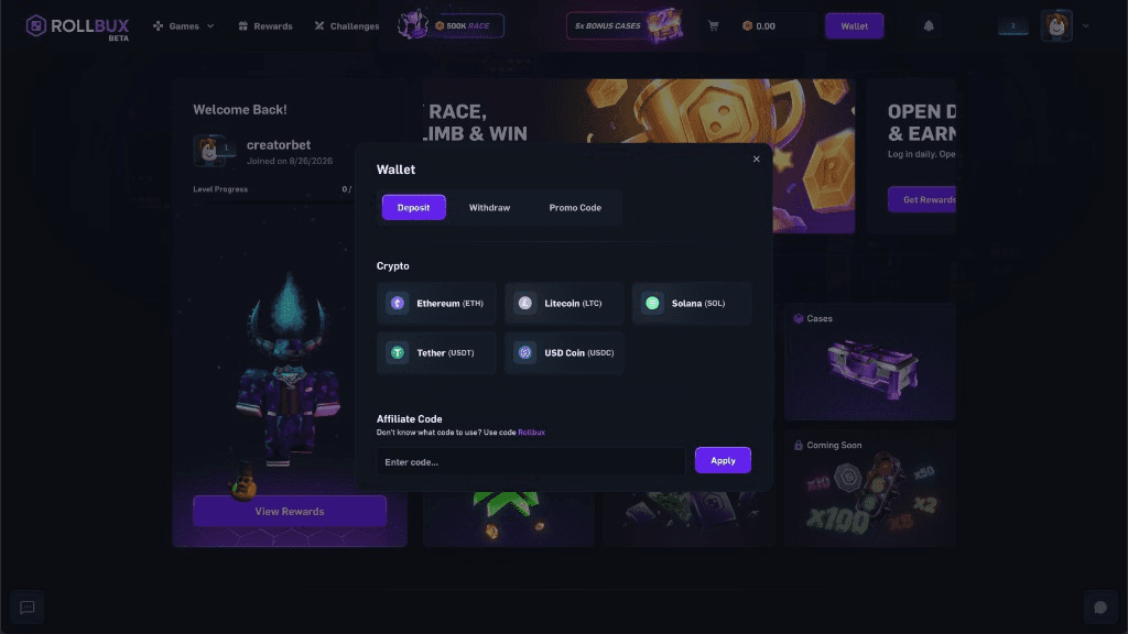 Rollbux deposit screenshot