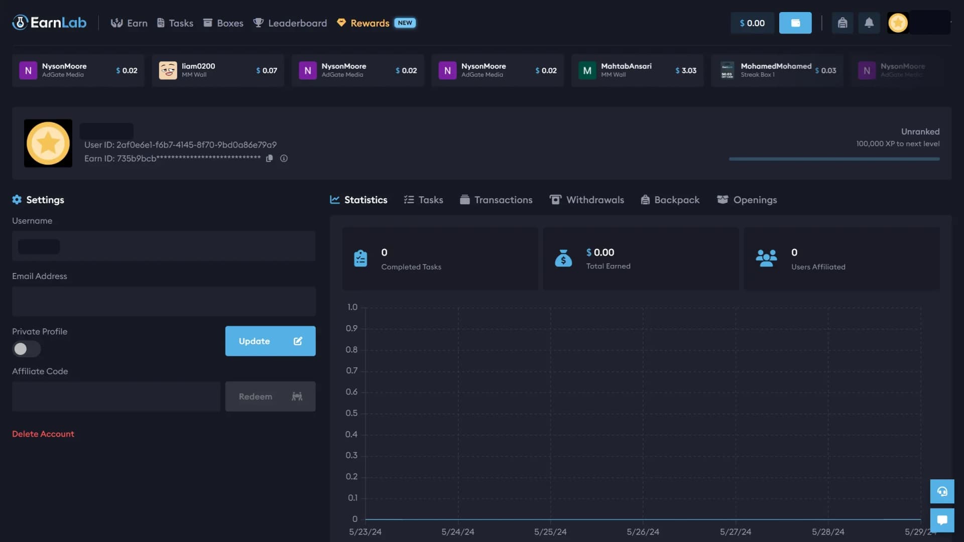 EarnLab profile screenshot