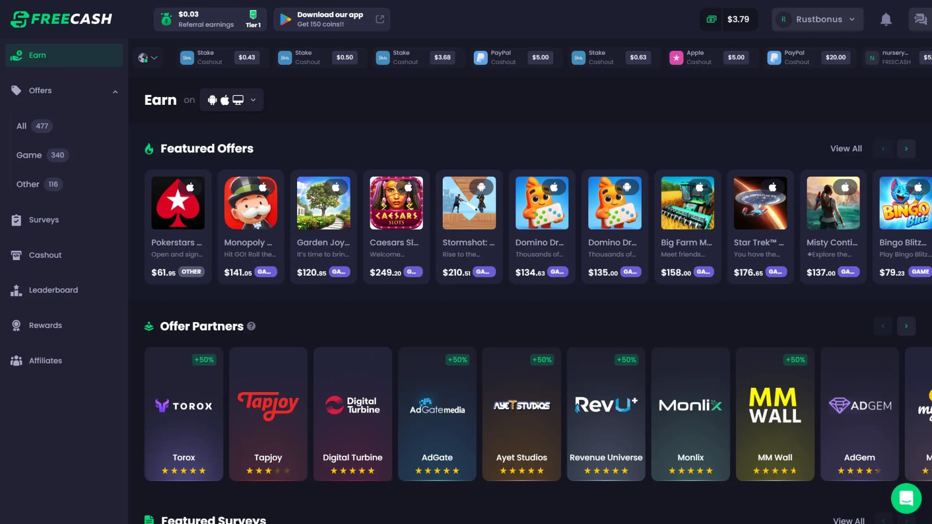 Freecash home screenshot