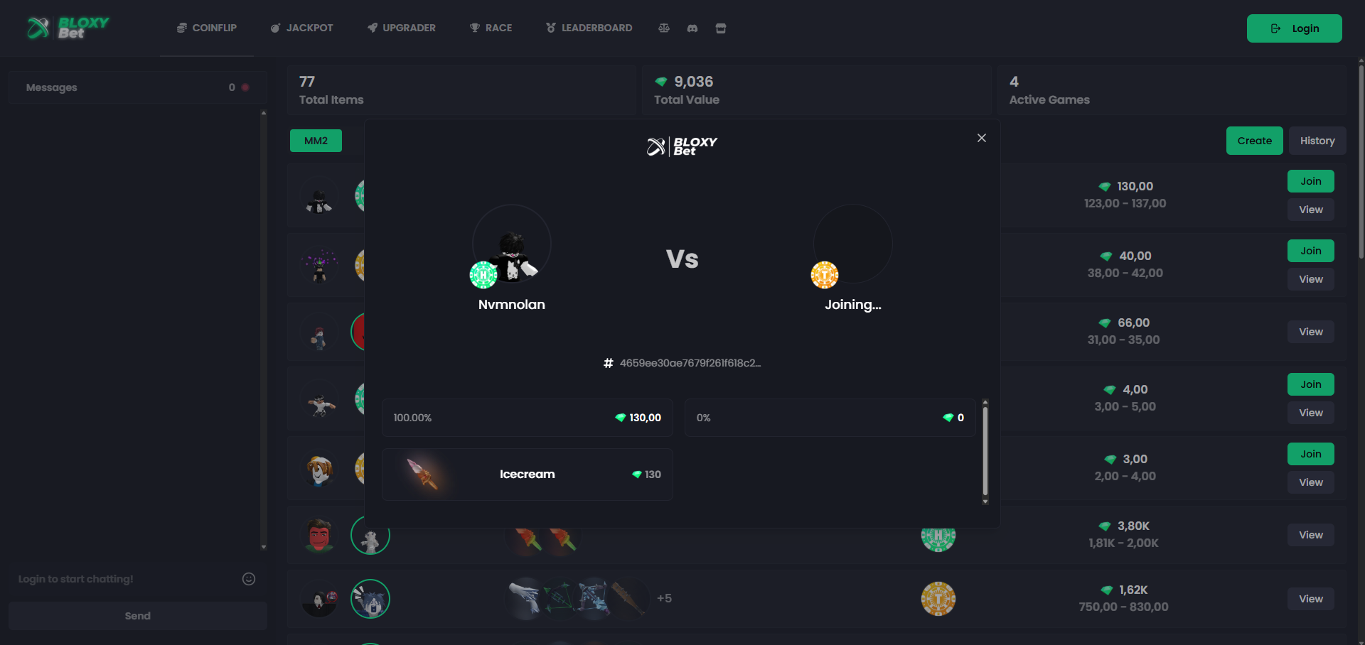 BloxyBet coinflip interface example
