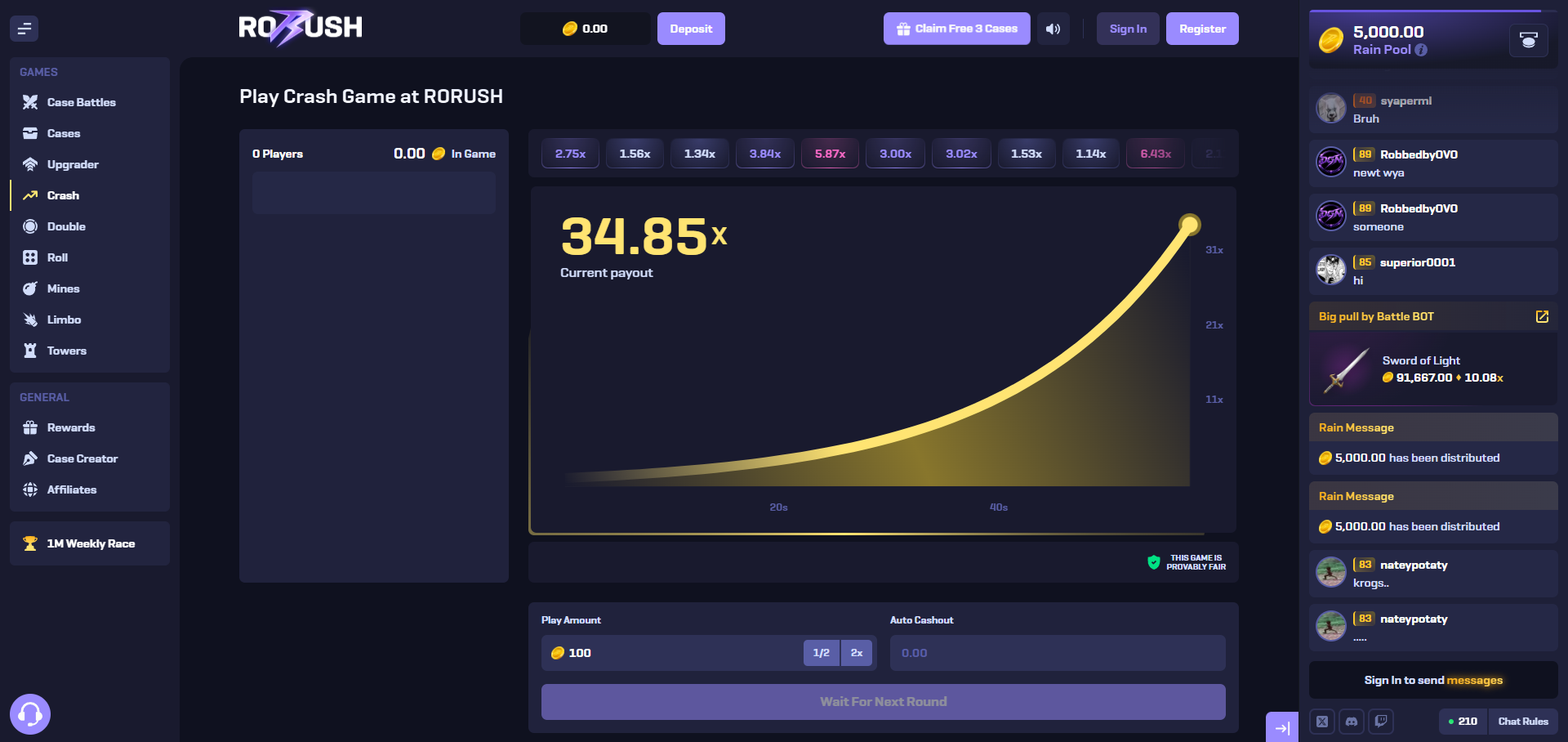 RoRush crash interface example